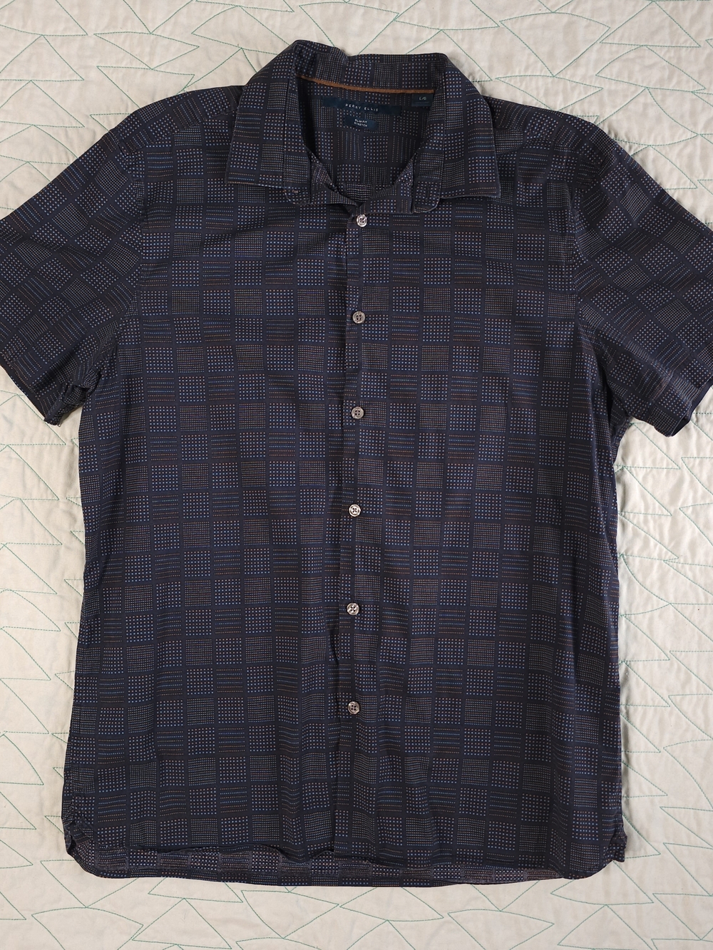 Perry Ellis Navy Blue Dot Print Slim Fit Short Sleeve Button Up Shirt